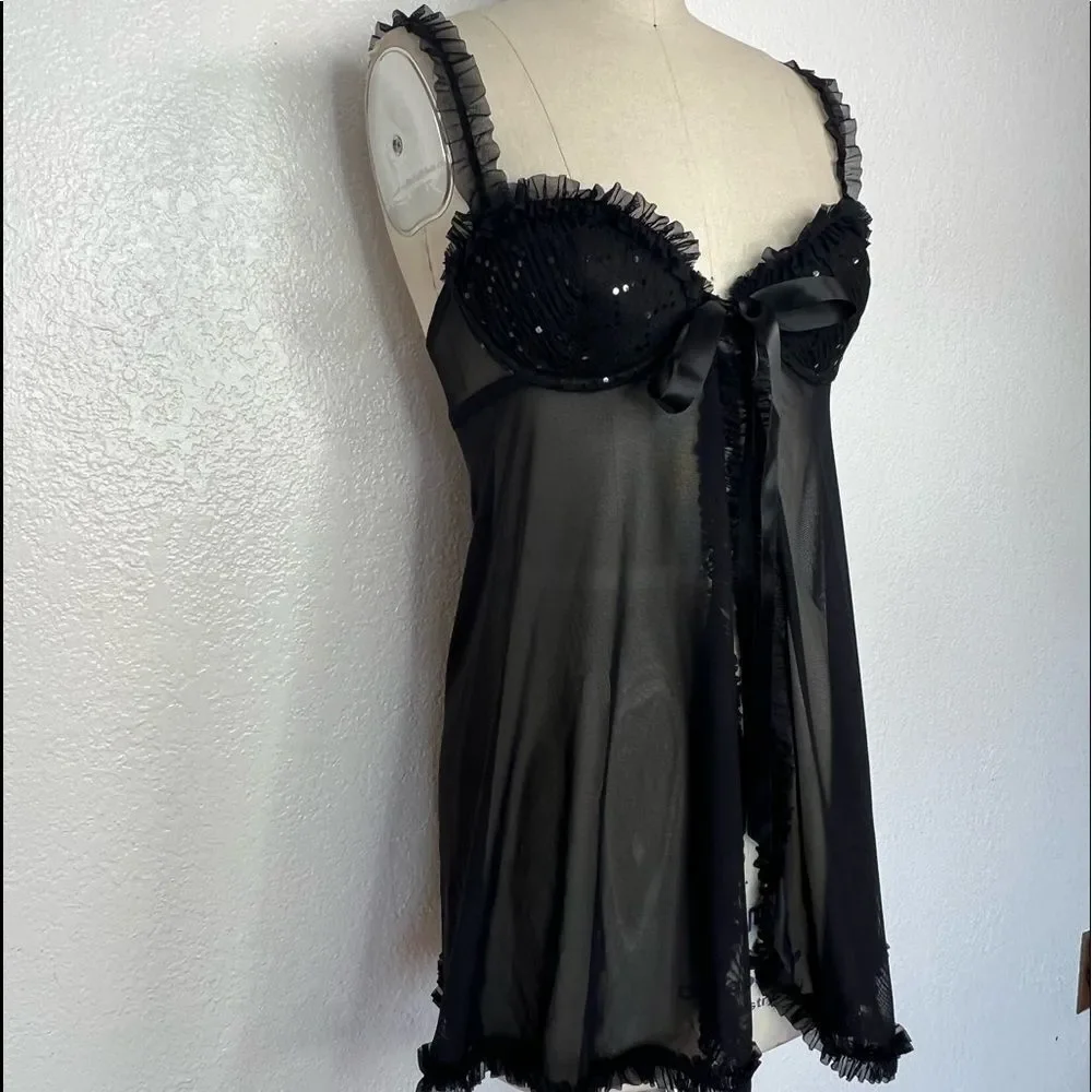 NWOT VS Victoria’s Secret black sparkle ruffle teddy Y2K mini slip dress 36B